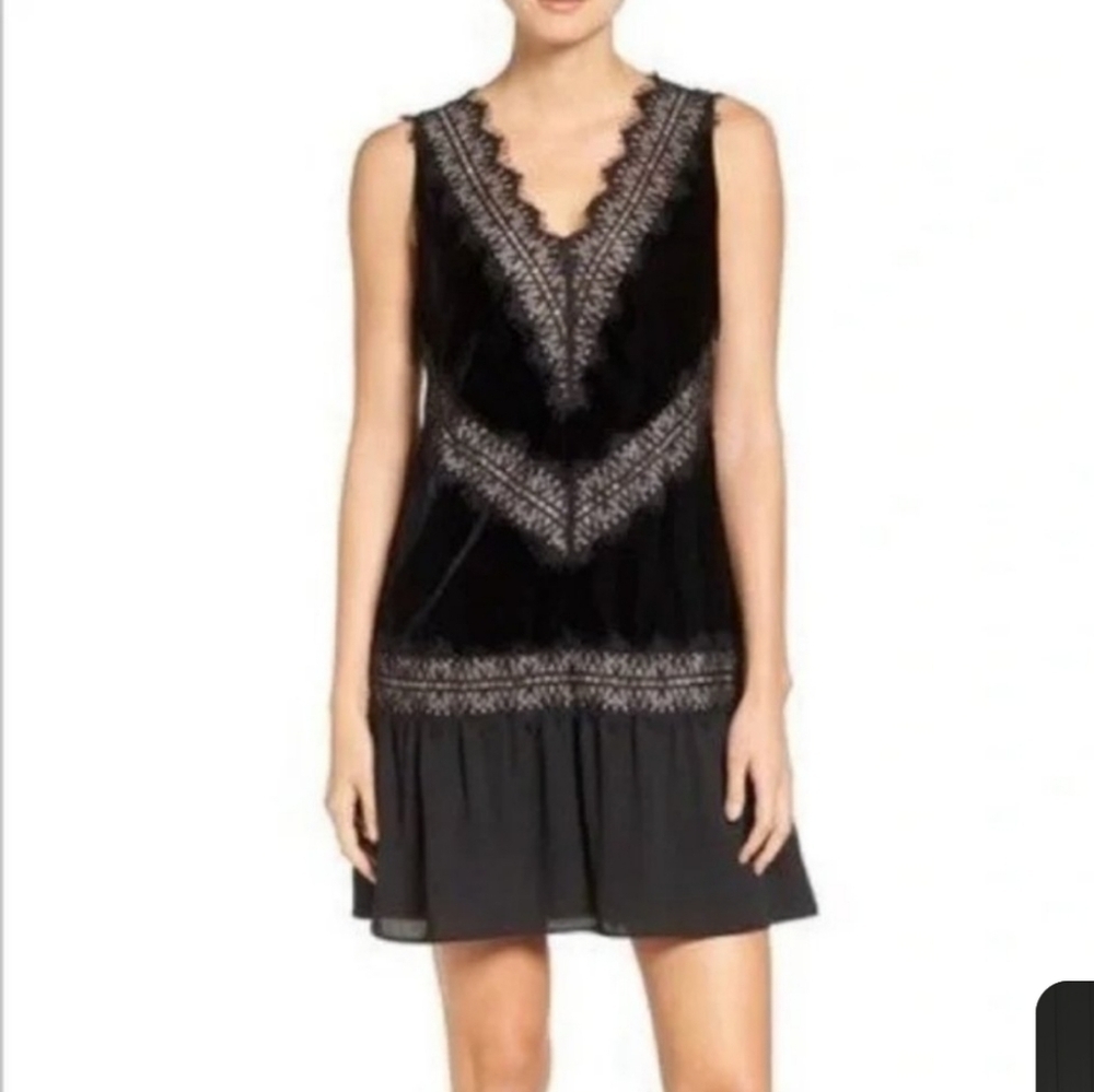 Chelsea28, Velvet and Lace Sleeveless Cocktail Dress, Black and Nude, Size Small - Picture 3 of 9